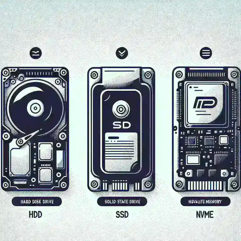 "Comparativa visual de almacenamiento externo: HDD, SSD y NVMe, mostrando diferencias en velocidad, capacidad y diseño, para ayudar a elegir la mejor opción de almacenamiento."